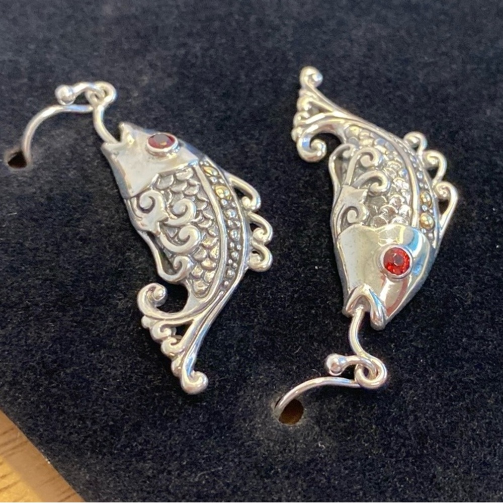 Sterling Silver and 18k Gold Koi Fish Earrings with Red Stone Eye | Unique Gift - Picture 2 of 3